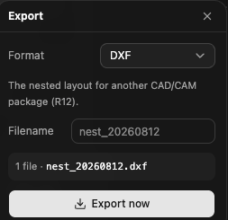 The export panel, set to DXF