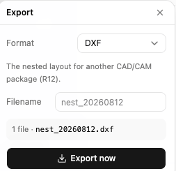 The export panel, set to DXF