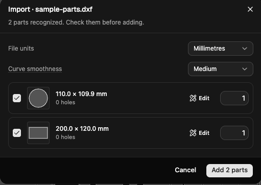 The import review, listing the recognised parts with file units and curve smoothness