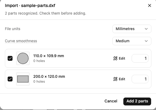 The import review, listing the recognised parts with file units and curve smoothness