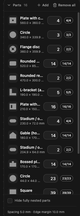 The Parts panel, with a row for each part
