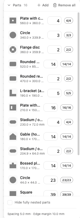 The Parts panel, with a row for each part