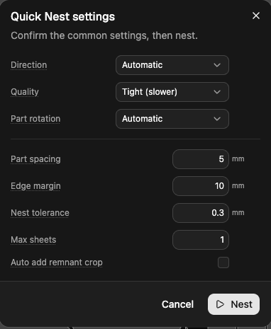 The Quick Nest settings dialog