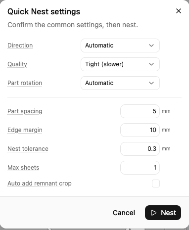 The Quick Nest settings dialog