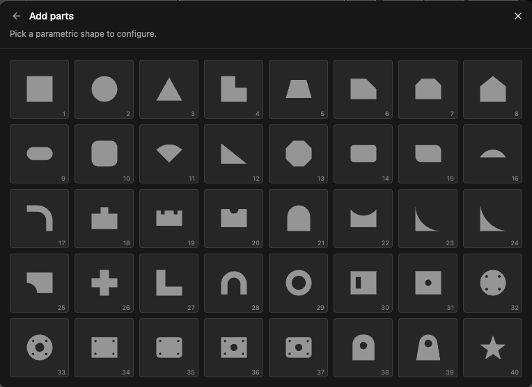 The shape library, a grid of 40 numbered parametric shapes