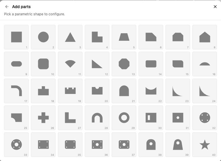 The shape library, a grid of 40 numbered parametric shapes