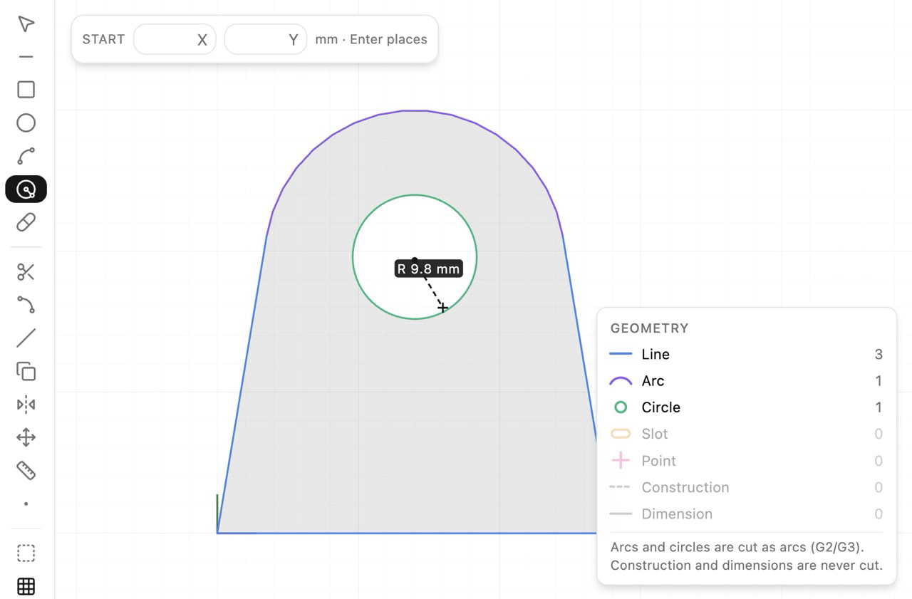 The built-in lightweight CAD editor drawing a part with lines, arcs and snapping