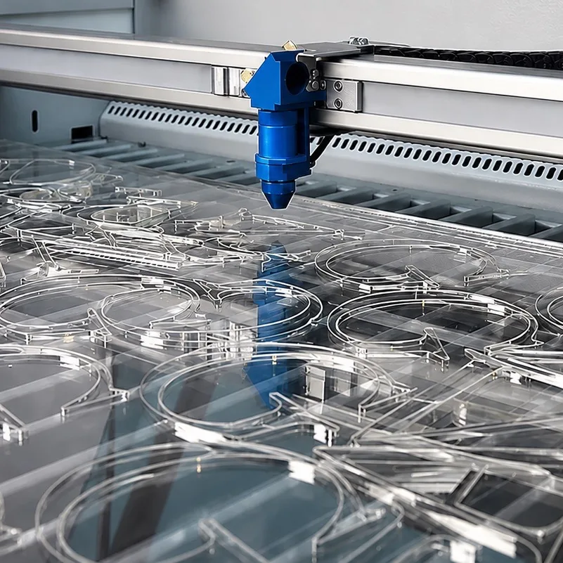 Laser cutting nesting software: intricate parts nested and cut from an acrylic sheet