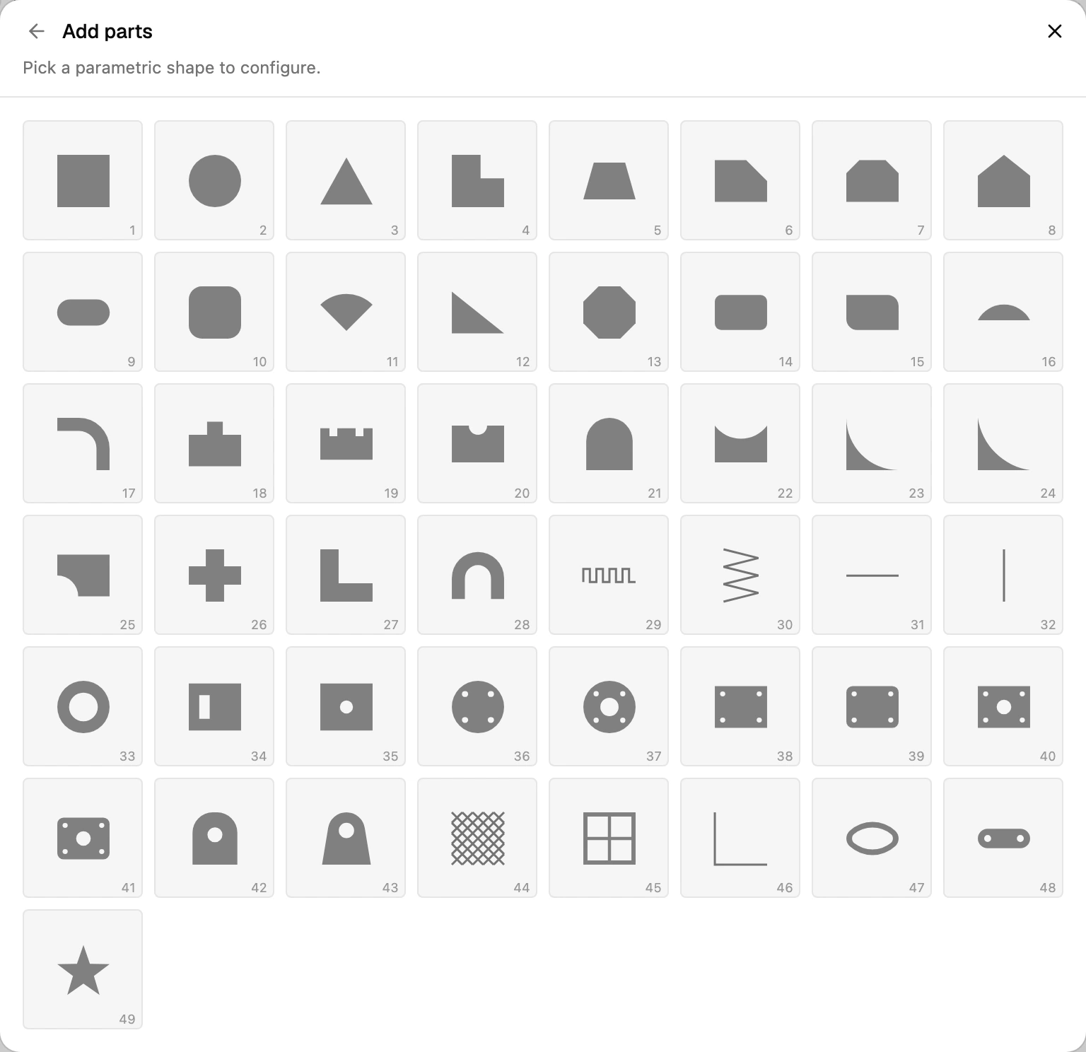 Built-in parametric shape library with over 40 nesting-ready shapes and live previews