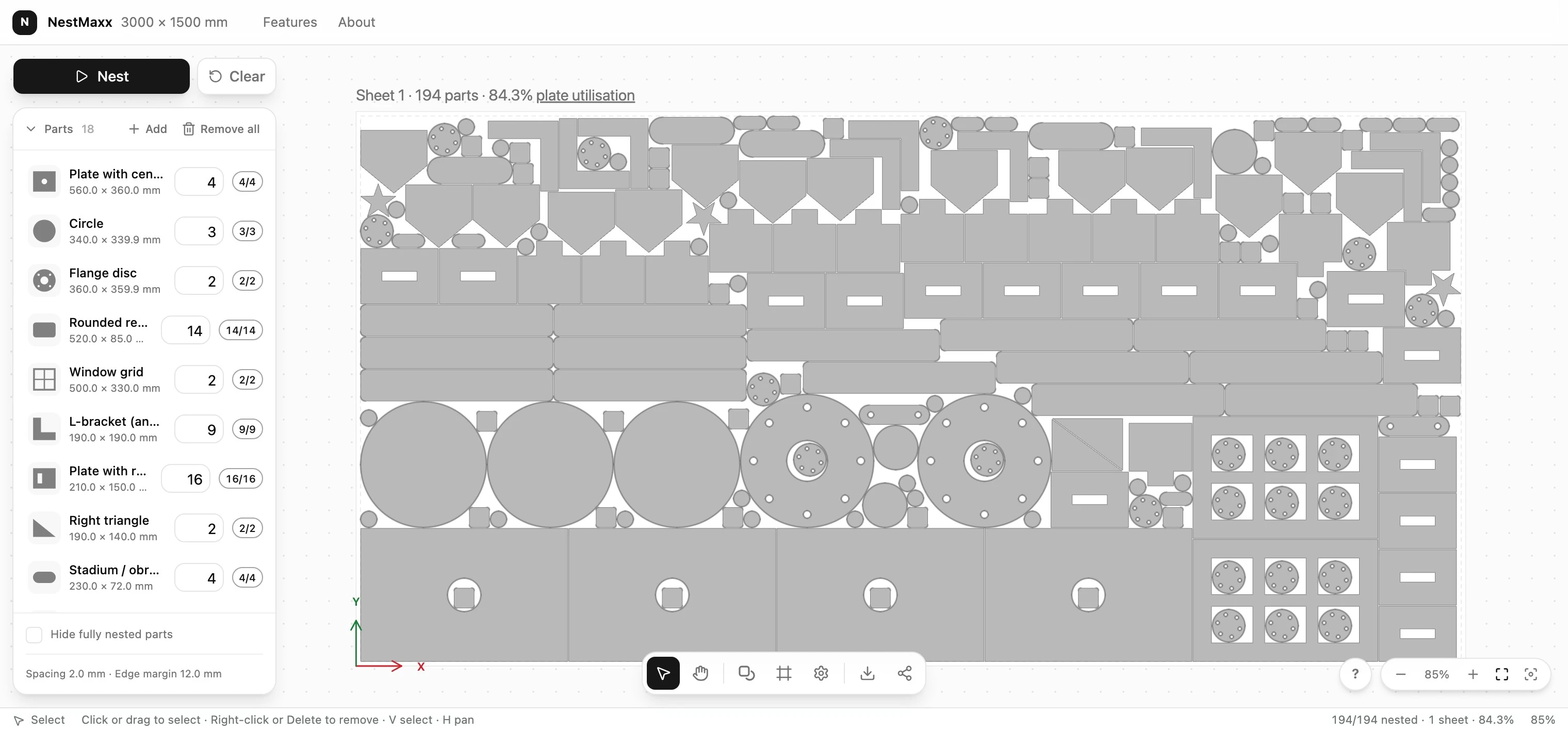 True-shape nesting software packing 194 parts onto one sheet at 84% plate utilisation